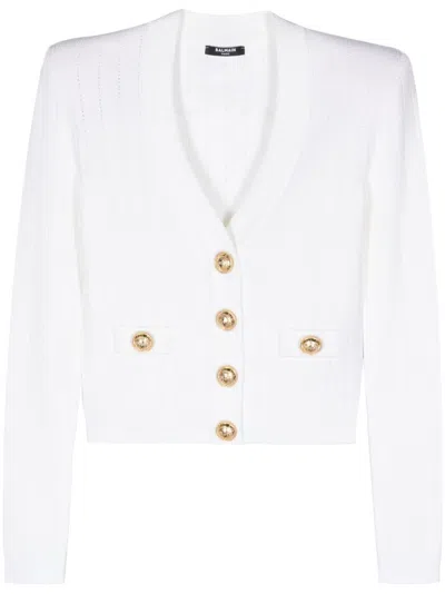 Balmain Elegant Pointelle Knit V-neck Cardigan For Women In White