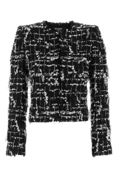 Balmain Cropped Embellished Metallic Tweed Jacket In Black