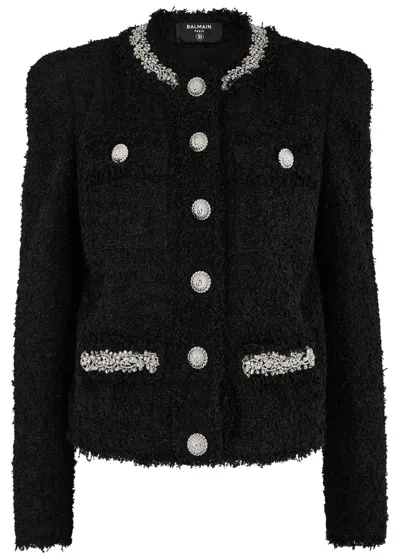 Balmain Embroidered Tweed Jacket In Black