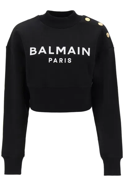 Balmain Contrast Logo Cropped Sweatshirt With Ornamental Buttons In White