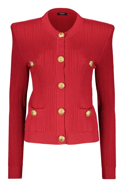 Balmain Embellished Button Cardigan In Red