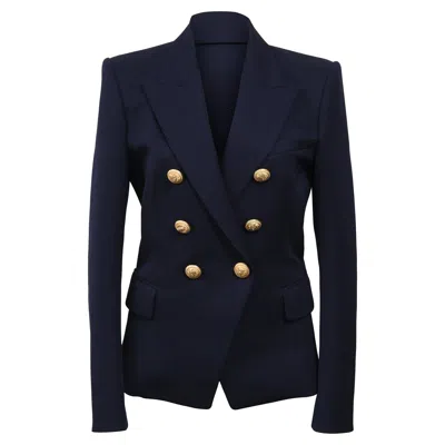 Balmain Embellished Buttons Double-breasted Blazer In Navy Blue Wool