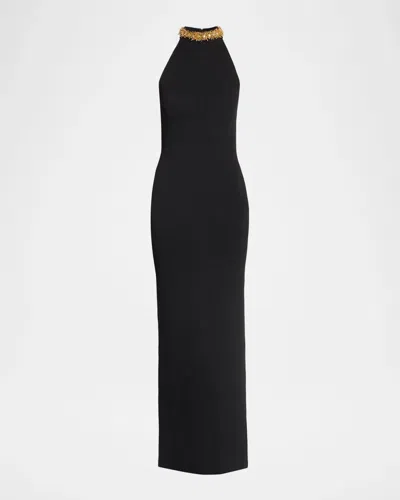 Balmain Bead-embellished Knitted Halterneck Maxi Dress In Black