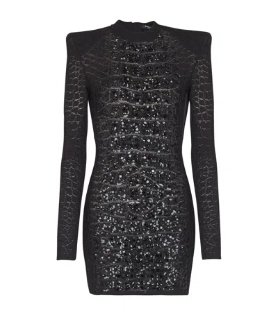 Balmain Embellished Crocodile-knit Mini Dress In Black
