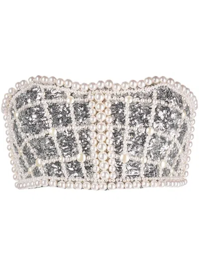 Balmain Cropped Faux Pearl-embellished Sequinned Chiffon Bustier Top In Silver Pearl