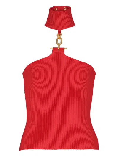 Balmain Sleeveless Knit Top With Embellished Detail In Red