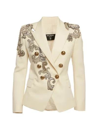 Pre-owned Balmain Embellished Double-breasted Blazer In Neutrals