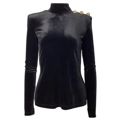 Balmain Embellished High-neck Long Sleeve Top In Black Velvet In Multi