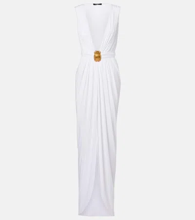 Balmain Embellished Jersey Maxi Dress In White