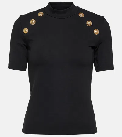 Balmain Sleeveless Black Crop Knit Top With Gold Buttons