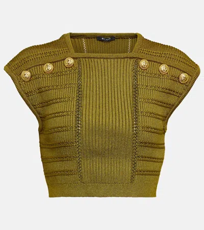 Balmain Embellished Knit Crop Top In Kaki