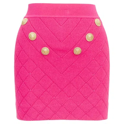 Pre-owned Balmain Embellished Knit Miniskirt Pink Gold Button Diamond Quilted Skirt Fr36 S