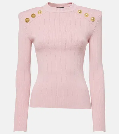 Balmain Knitwear Crew Neck Sweater With Gold-tone Buttons In Pink