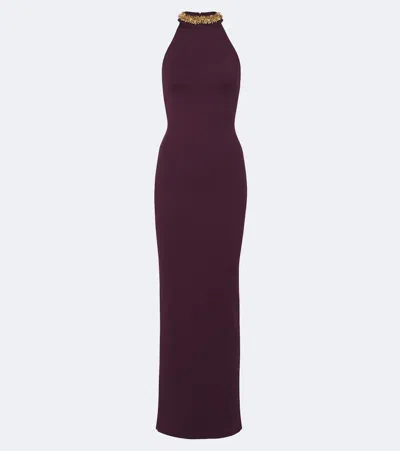 Balmain Embellished Knitted Halterneck Gown In Brown