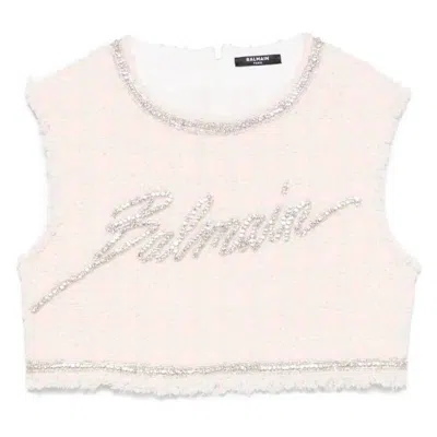 Balmain Embellished Logo Tweed Crop Top In Pink
