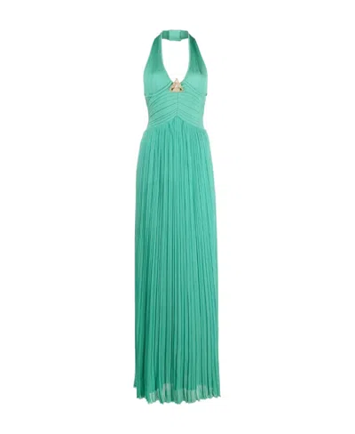 Balmain Embellished Pleated Halterneck Gown In Green