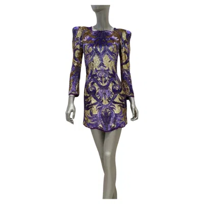 Pre-owned Balmain Embellished Silk Sequin Mini Dress Fr 38 In Gray
