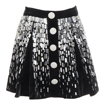 Pre-owned Balmain Embellished Skater Black Silver Beads Sequins Flare Mini Skirt Fr34 Xs