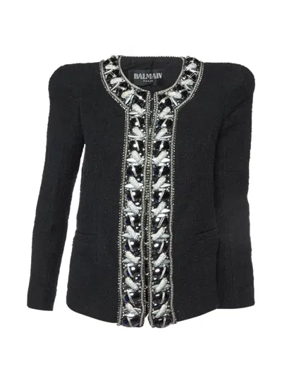 Pre-owned Balmain Embellished Tweed Jacket In Black