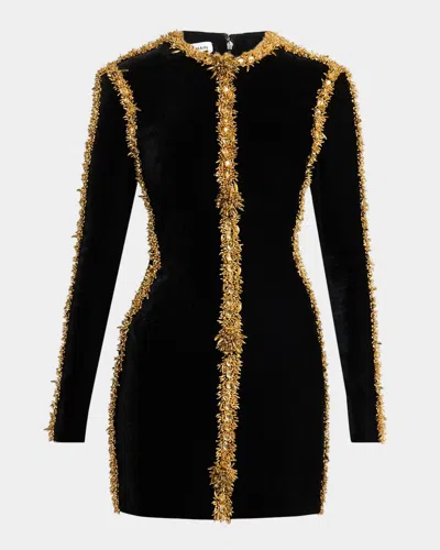 Balmain Embellished Velvet Long-sleeve Mini Dress In Ead Noir/o