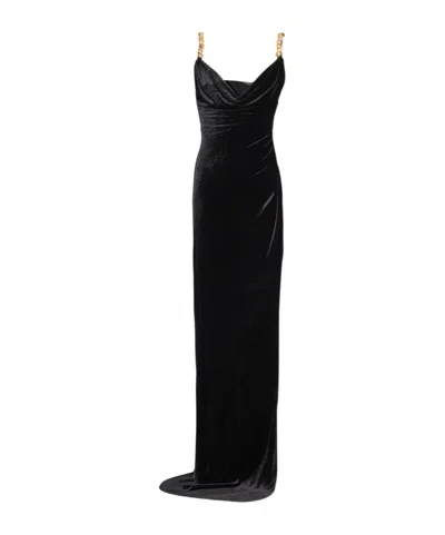 Balmain Button Cowl-neck Velvet Slit Maxi Dress In Black