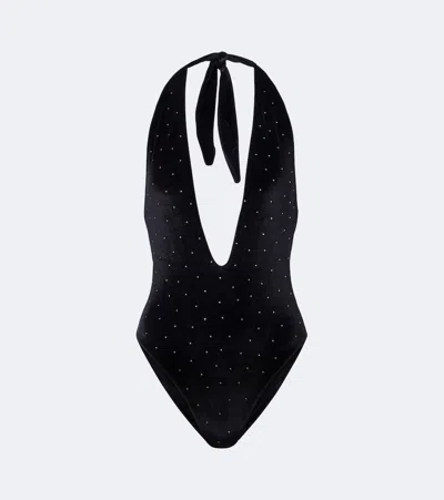 Balmain Embellished Velvet Swimsuit In Black