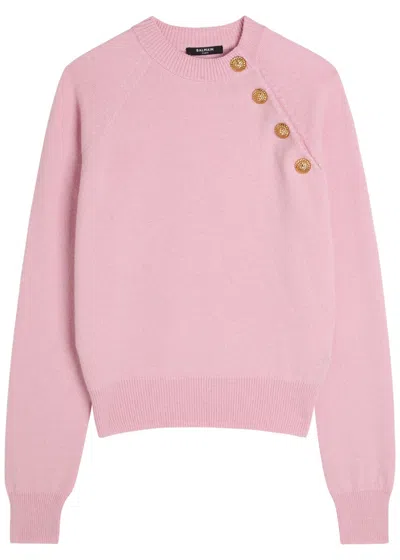 Balmain Button-embellished Cashmere And Wool-blend Sweater In Pink