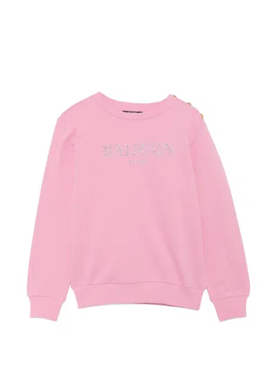 Balmain Kids' Embellished-logo Buttoned-shoulder Sweatshirt In Pink