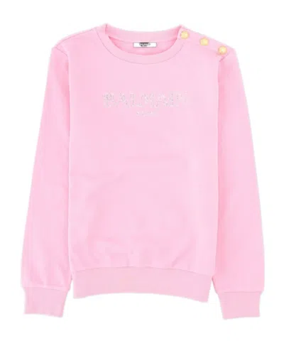 Balmain Kids' Embellished-logo Buttoned-shoulder Sweatshirt In Pink