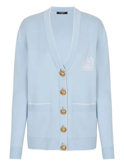 Balmain Emblem Button Cardigan In Blue