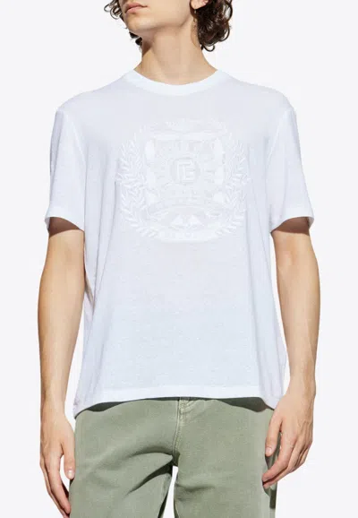 Balmain Emblem Embroidered Linen T-shirt In White