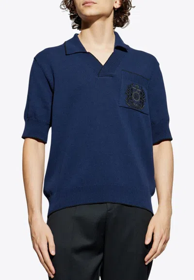 Balmain Emblem Embroidered Polo Knit T-shirt In Blue