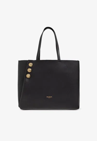 Balmain Emblem Grained Leather Tote Bag In Black