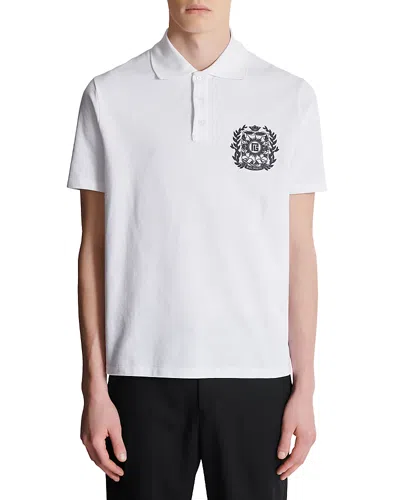 Balmain Cotton Crest Print Polo Shirt In White