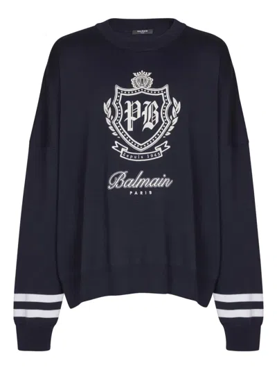Balmain College Emblem Knit Jumper In Blue