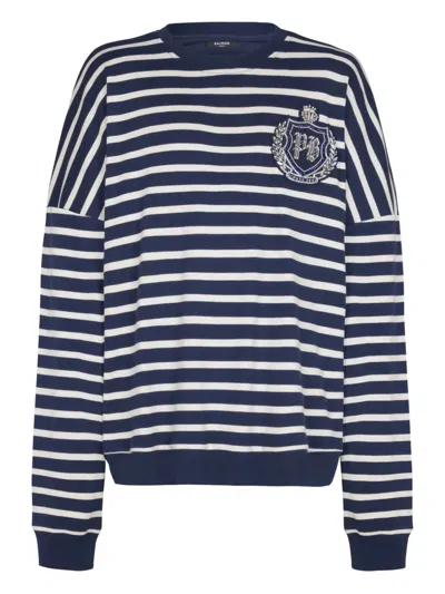 Balmain Emblem Striped Sweatshirt In Blue
