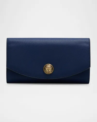 Balmain Emblem Wallet On Chain In Grained Calfskin In Blue