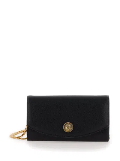 Balmain Emblème Black Clutch With  Coin Detail In Grained Leather Woman