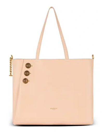 Balmain Embleme Grained Calfskin Tote Bag In Beige