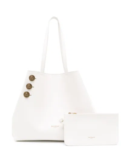 Balmain Emblème Leather Tote Bag In White