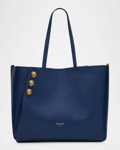 Balmain Embleme Shopper Tote Bag In Grained Leather In Bleu Nuit