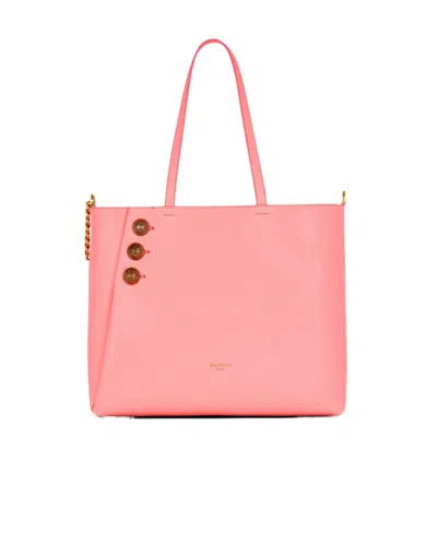Balmain Emblème Grained Leather Tote Bag In Pink