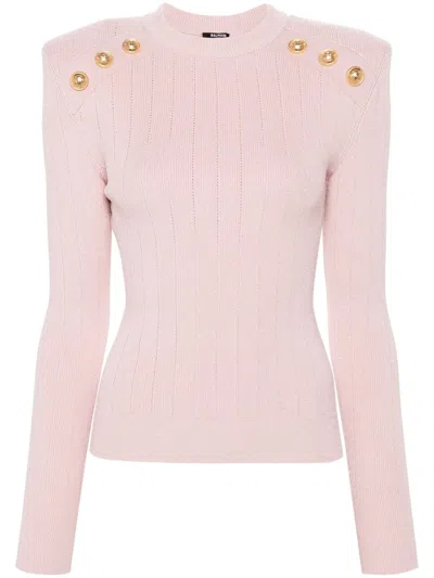 Balmain Knitwear Crew Neck Sweater With Gold-tone Buttons In Pink