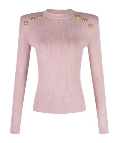 Balmain Knitwear Crew Neck Sweater With Gold-tone Buttons In Pink