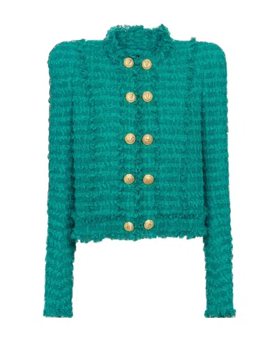 Balmain Teal Tweed Jacket In Blue