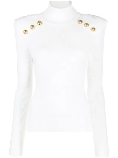 Balmain Embossed Button-detail Ribbed Jumper In White