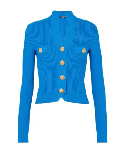 Balmain Embossed-button Ribbed Cardigan In Blue