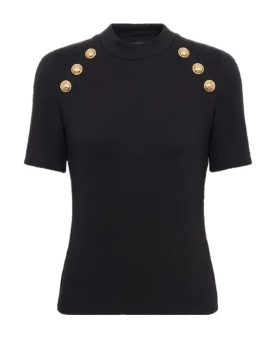 Balmain Sleeveless Black Crop Knit Top With Gold Buttons