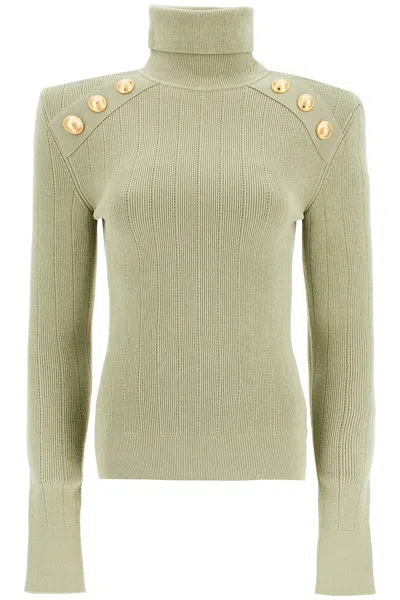 Balmain Button-trimmed Turtleneck Sweater In Green