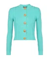 Balmain Buttoned Pointelle Rib Knit Short Cardigan In Blue